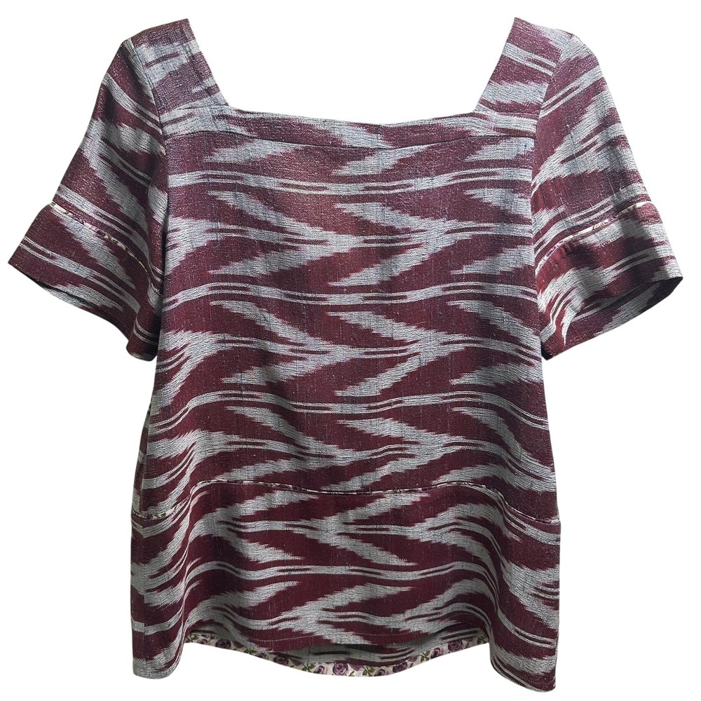 Dosa‎ Ikat Textured Size 3 Med Silk Top Short Sleeve Maroon Gray Boxy Blouse
